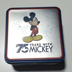 Disney 75 Year Correcting Tin Mickey Silver and Red Decorative Tin Box